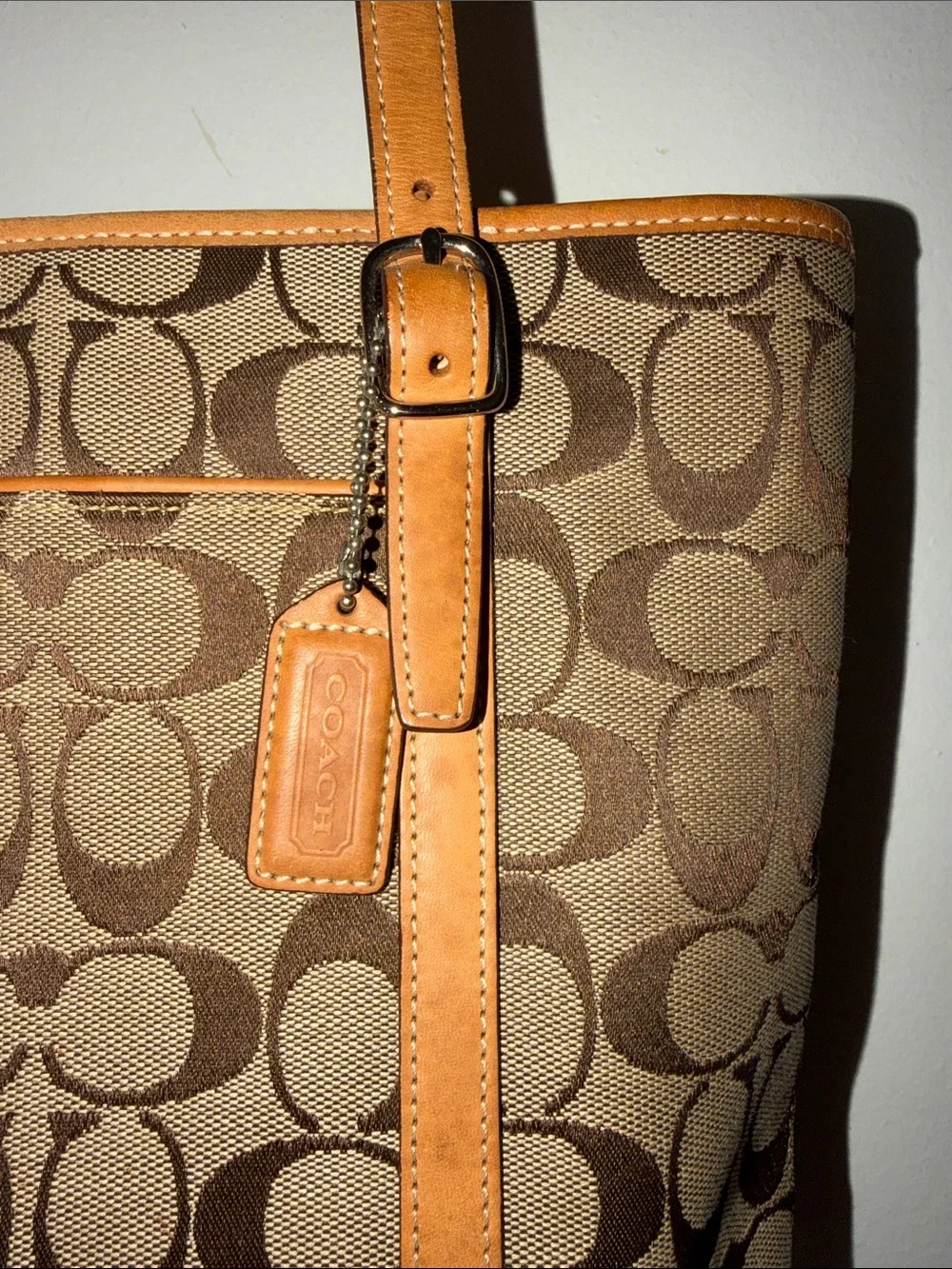 Coach Brown Signature Canvas Tote with Tan Leather Trim